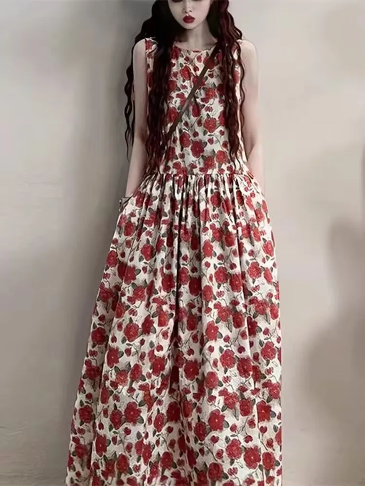 

RAIN YAN LIN Women's Retro Print Cotton Linen Loose Dress Summer Fashion O-Neck Sleeveless Long Dress Casual Office Lady Dress