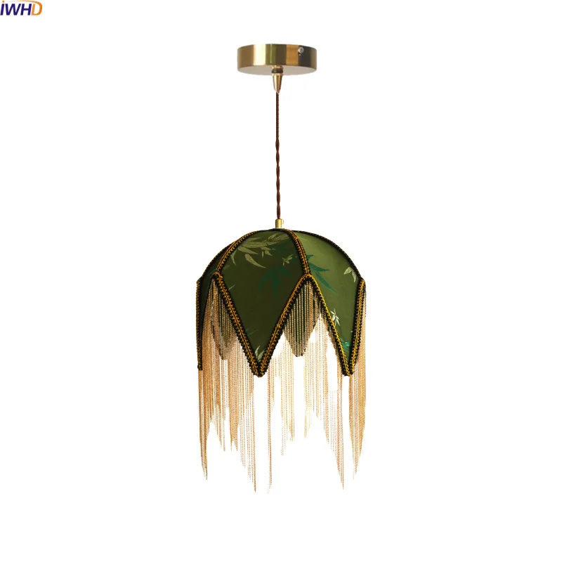 

IWHD Living Room LED Pendant Light Fixture Coffee Table Decoration Green Yellow Cloth Gold Iron Hanging Lamp Iustres De Plafond