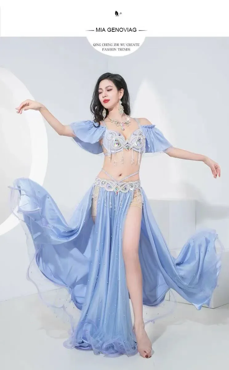 女性用ステージパフォーマンス高級ベリーダンスエジプト衣装オリエンタルスタイルラインストーンブラ、シフォンスカートベリーダンス3点セット