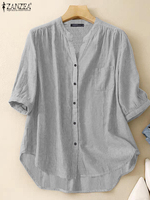 2025 Summer Striped Shirts ZANZEA Women Casual Half Sleeve Blouse Elegant Work OL Blusas Female Loose Chemise Buttons Tunic Tops