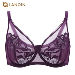 Sujetador de encaje Floral transparente Sexy para mujer, minimizador transparente sin forro con aros, cobertura completa de talla grande, transparente, transpirable y ligero