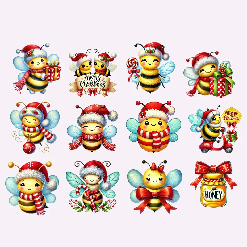 Cartoon Christmas Flower Bee Sweet Bees Transfer Patches For Clothes Stickers DIY Washable Shirt Iron-on Thermal Stickers