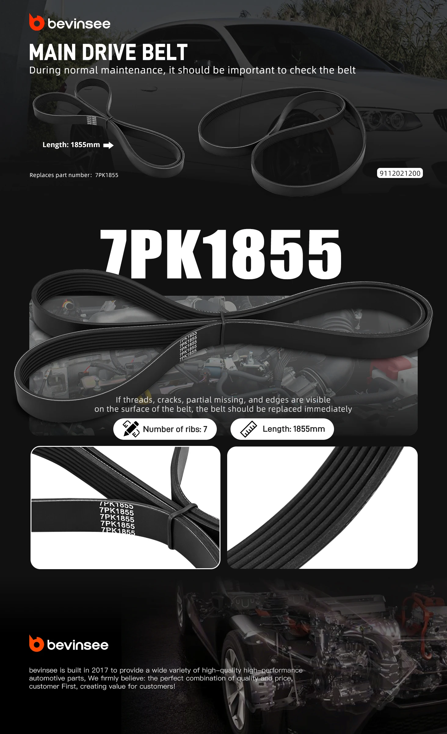 Keilriemen-Ersatz für 7PK1855, für BMW N54 E90 E92 E91 E93 335i 335xi E82 E88 135i 1M, Ersatz für 11287628652 – Detail 1