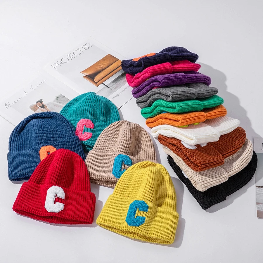 Korean version autumn and winter candy color C letter ins style children\'s wool hat Men and women children warm jumper knit hat