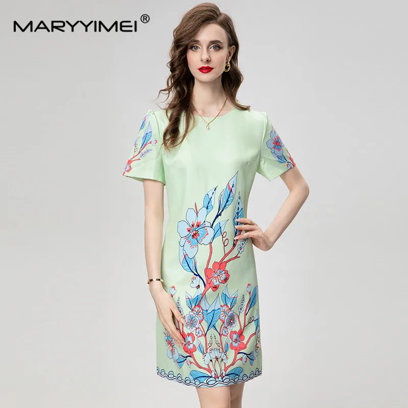 

MARYYIMEI Fashion Design Spring Summer women's Short-Sleeved crystal Beading Print Commuter Light Green Dresses