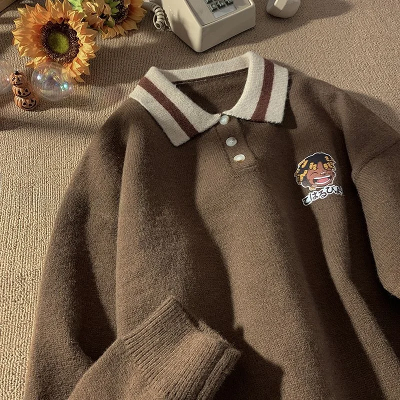 plus Size 300 Pounds  Shirt Sweater Unisex Spring Autumn New American Retro Cartoon Versatile Collared Top for Teens
