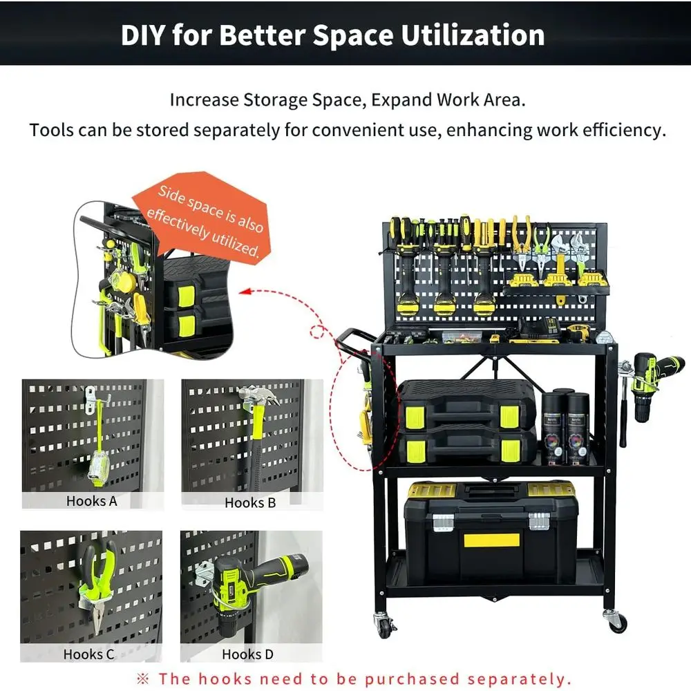عربة أدوات دوارة شديدة التحمل مع لوح بيجبورد لتخزين وتنظيم أدوات المرآب