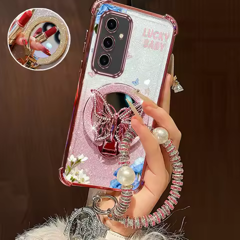 Pearl Strap Glitter Baby Butterfly Phone Holder Case For Samsung Galaxy S24 S20 S21 S22 S23 S25 FE Note 10 20 Plus + Ultra Back