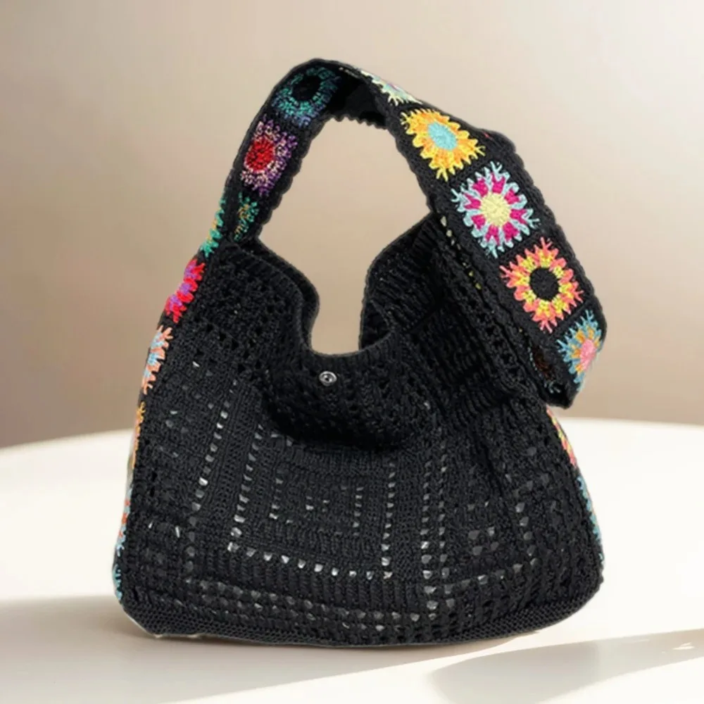 

Solid Color Knitted Shoulder Bag Woven Bohemian Crochet Tote Bag Large Capacity Sundries Storage Bag Shopping Handbag Picnic