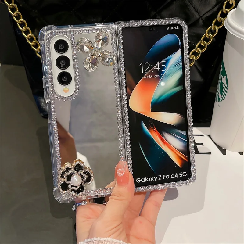 

Зеркальный чехол для телефона Samsung Galaxy Z Fold 7, 6, 5, 4, 3, чехол с блестящими стразами и цветами, блестящими бриллиантами и кристаллами, чехол для телефона