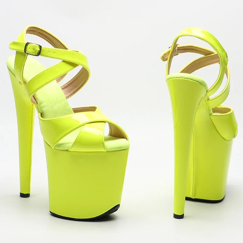 Leecabe  20cm/8inch Shiny Patent  PU  neon Yellow color high heel sandals   sexy model shoes pole dance shoes