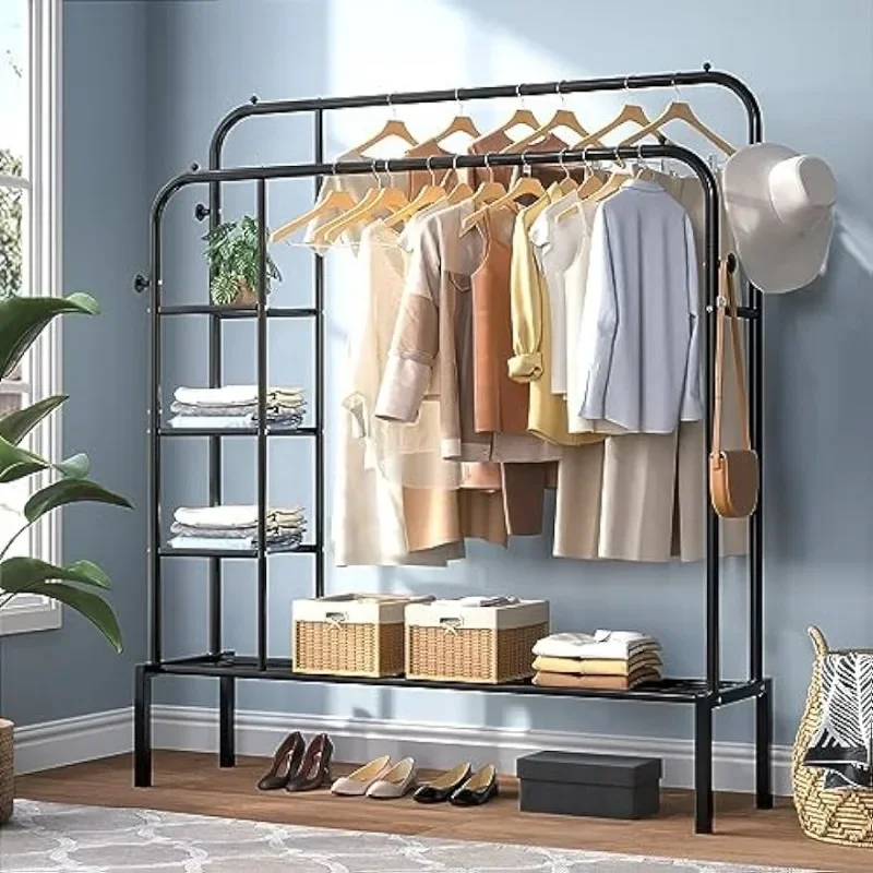 Double Rods Portable Garment Rack for Hanging Clothes, 49.6 * 62.2 Inch Metal Clothing Rack with Bottom Shelves