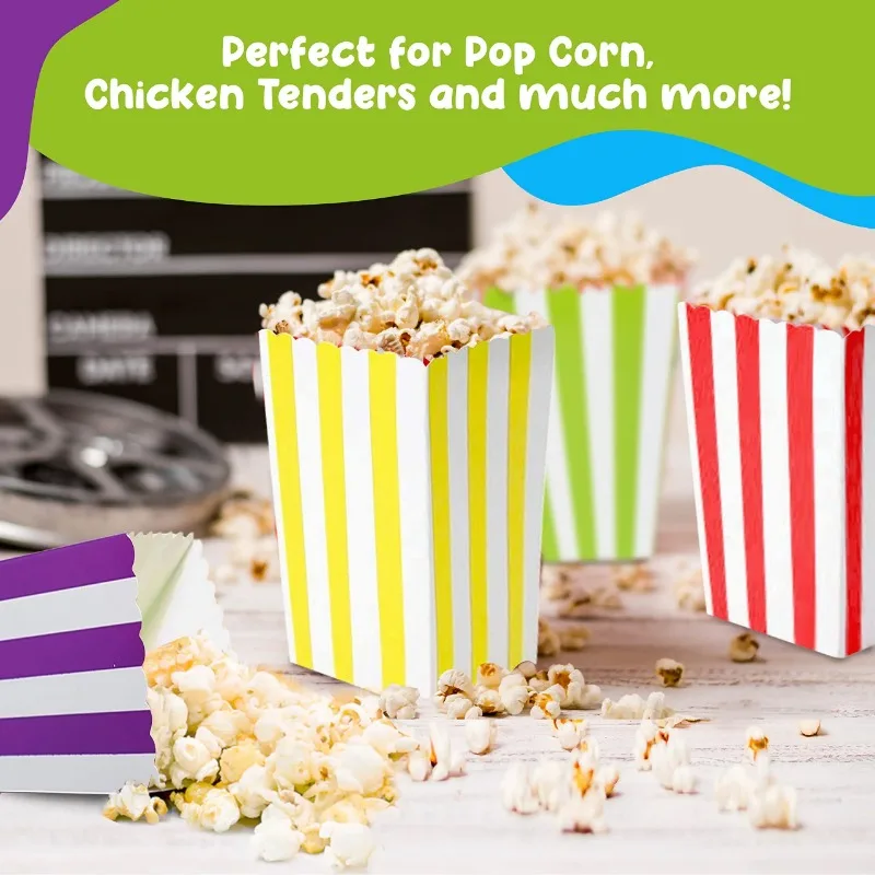 صناديق فشار مخططة يمكن التخلص منها ، حاويات وجبات خفيفة ورقية ، لوازم تقديم الطعام ، حفلة عيد ميلاد ، زفاف ، فيلم ، ليل ، زفاف