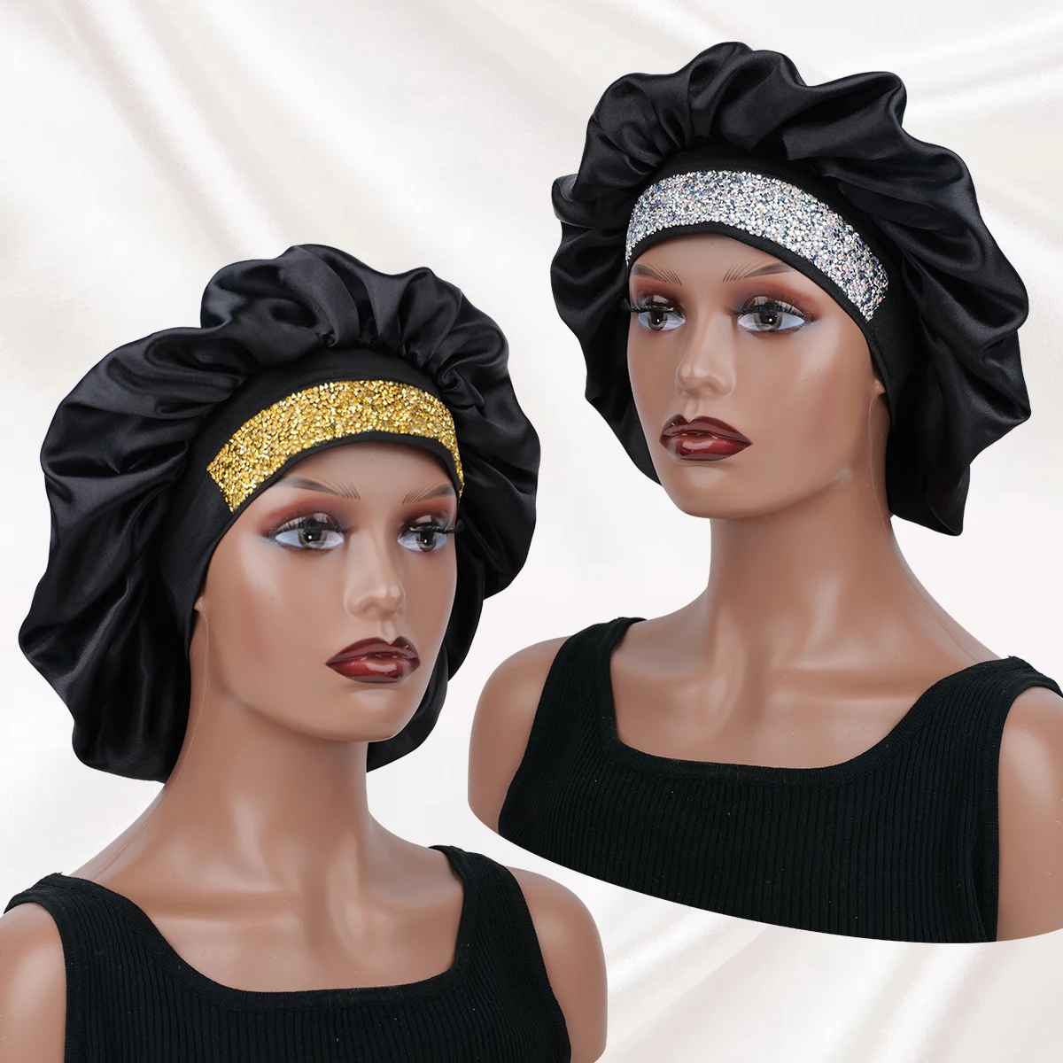 

Satin Hair Bonnet with Sparkling Rhinestone Band - Elegant Black Sleep Cap for Women, Perfect for Daily Wear, Makeup & Beauty Ro