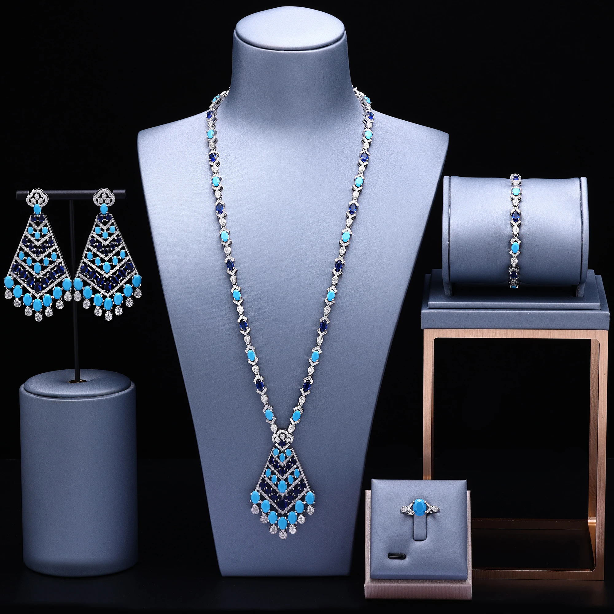 

Luxury Turquoise Necklace Earrings 4pcs Jewelry Sets For Women Bridal Wedding UAE Dubai Bride Jewelry Party Gift