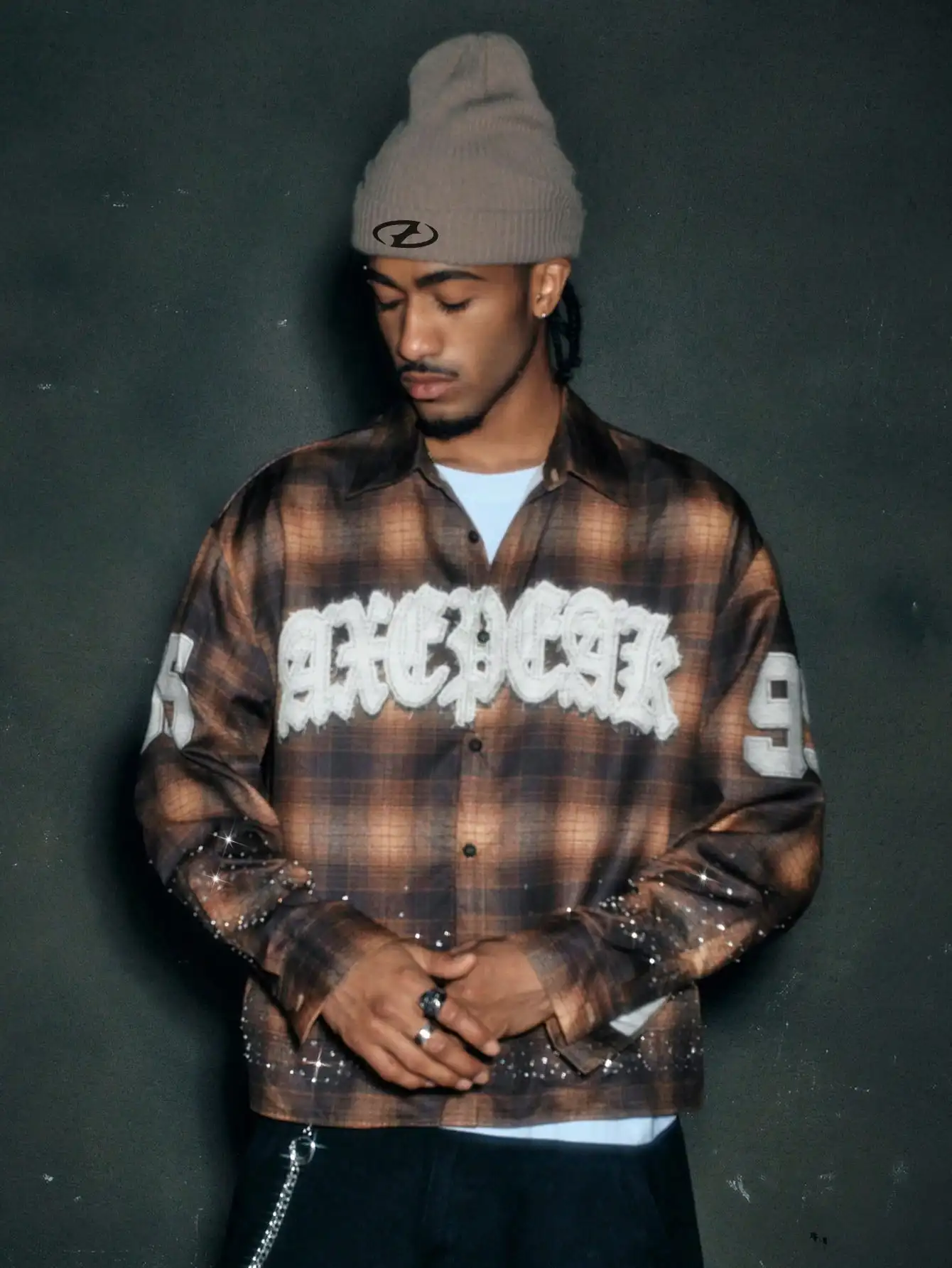 

Men's Loose Cropped Plaid Shirt with Rhinestone Embellishment