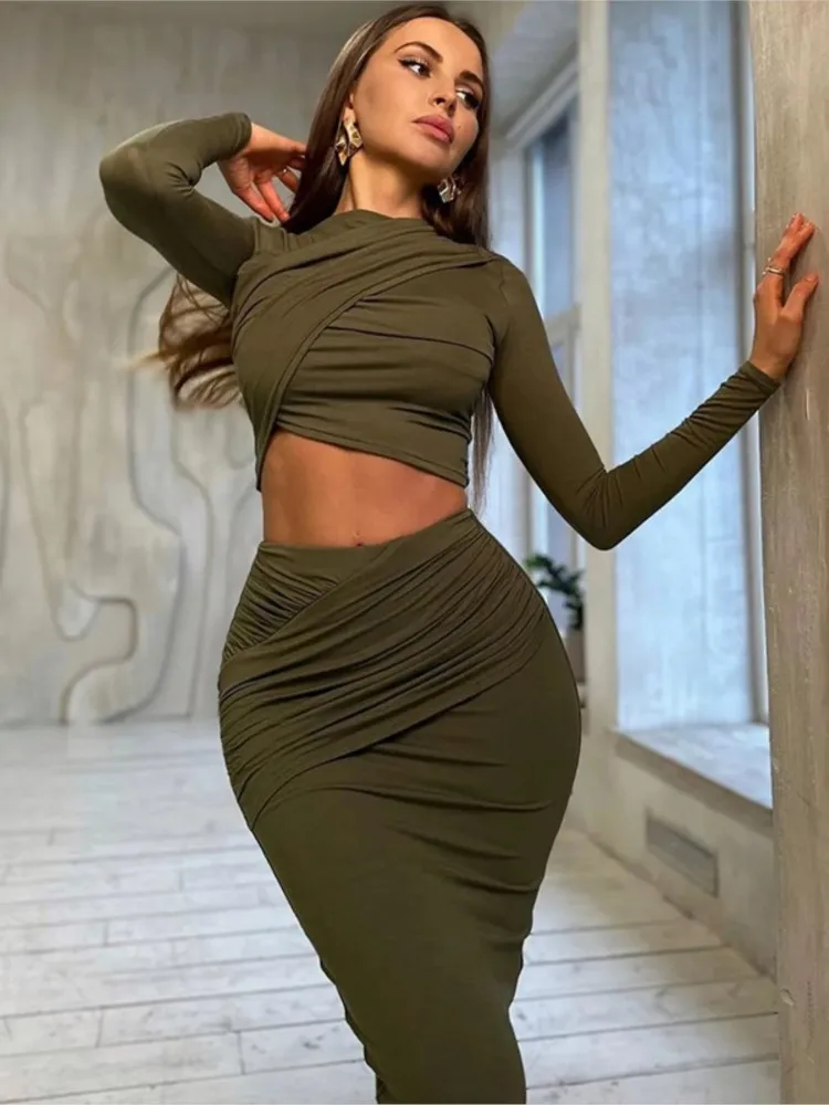

Bodycon new In Matching Sets 2 Pieces Set For Woman Two Piece Outfit Package Hip Slim Solid Color Pleated Long Sleeves Top Skirt