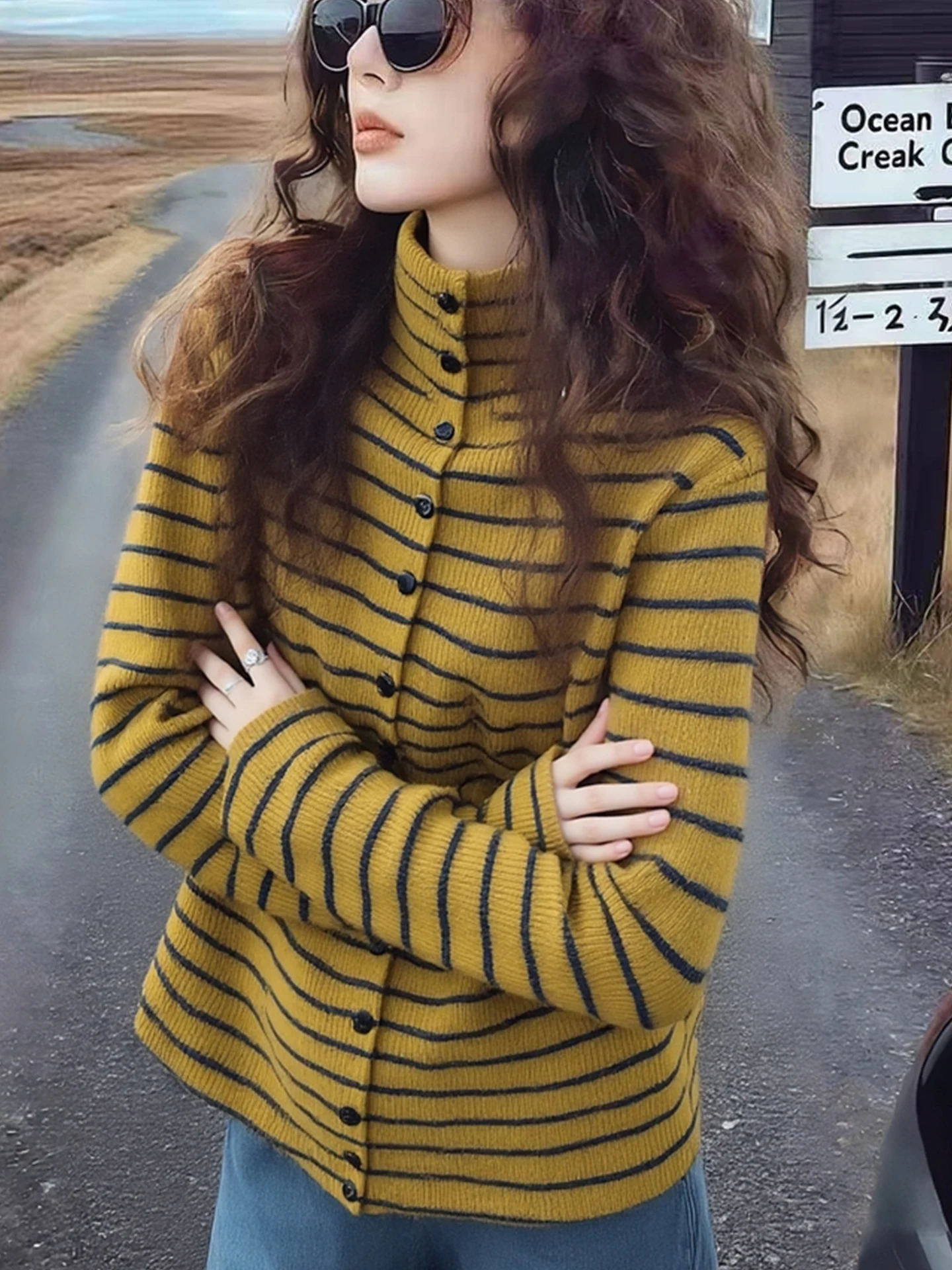 Retro Farbe Blo Gestreiften Hoher Kragen Lange Sve Gestrickte Offene Strickjacke Frauen Slim Fit Faionable Herbst Winter Top