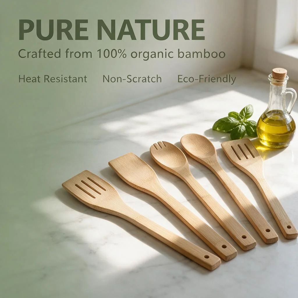 7-Piece Natural Bamboo Kitchenware Set Long-Handled Wooden Spoon And Spatula Suitable for Non-Stick Cookware Flat Bottomed Pans Soup Stir-Fry Induction Cookers for Households Apartments Restaurants