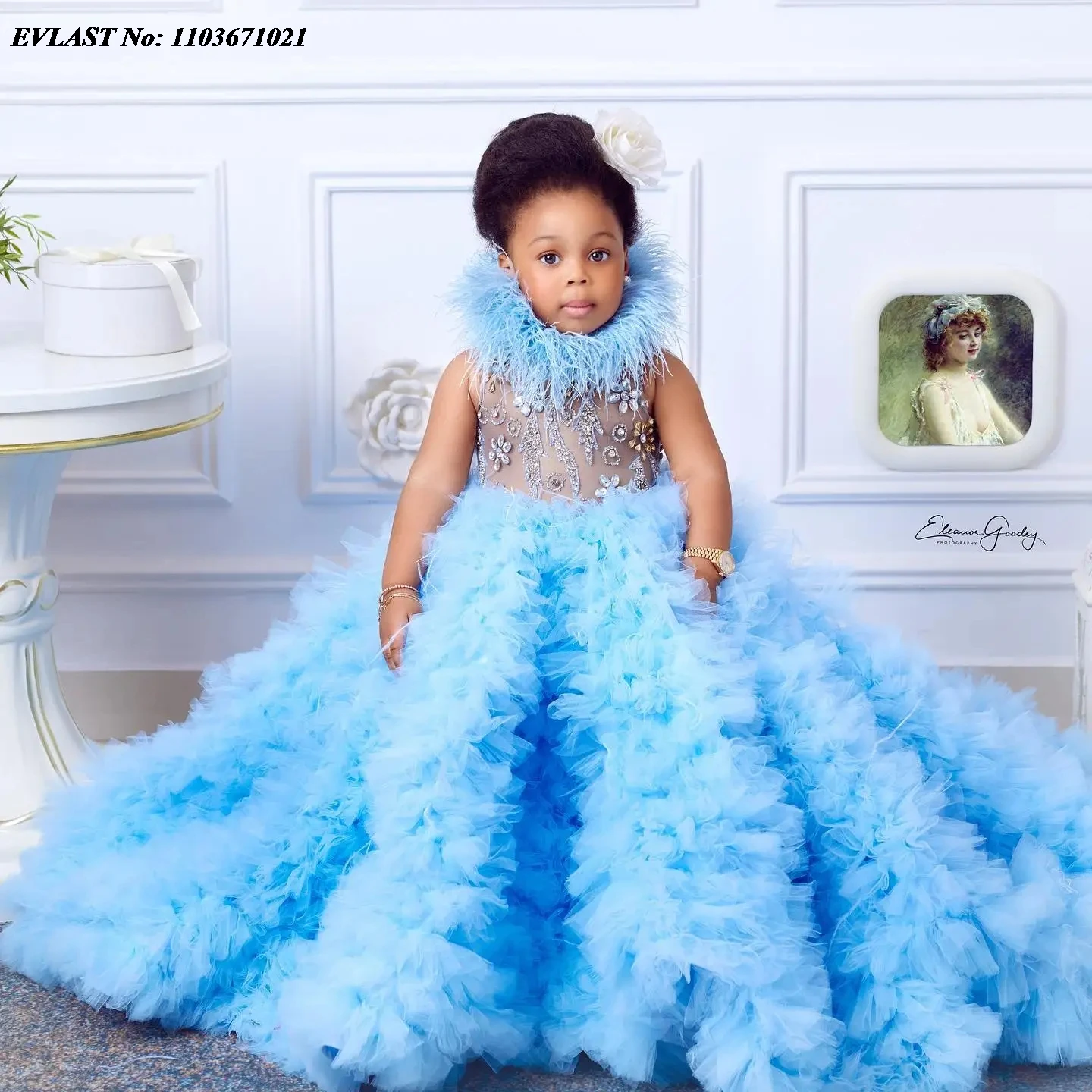 EVLAST Sky Blue Feahter Girl Pageant Dress Flower Girls Dress for Wedding Kids Ruffles Party Birthday Gowns for Photoshoot FD03