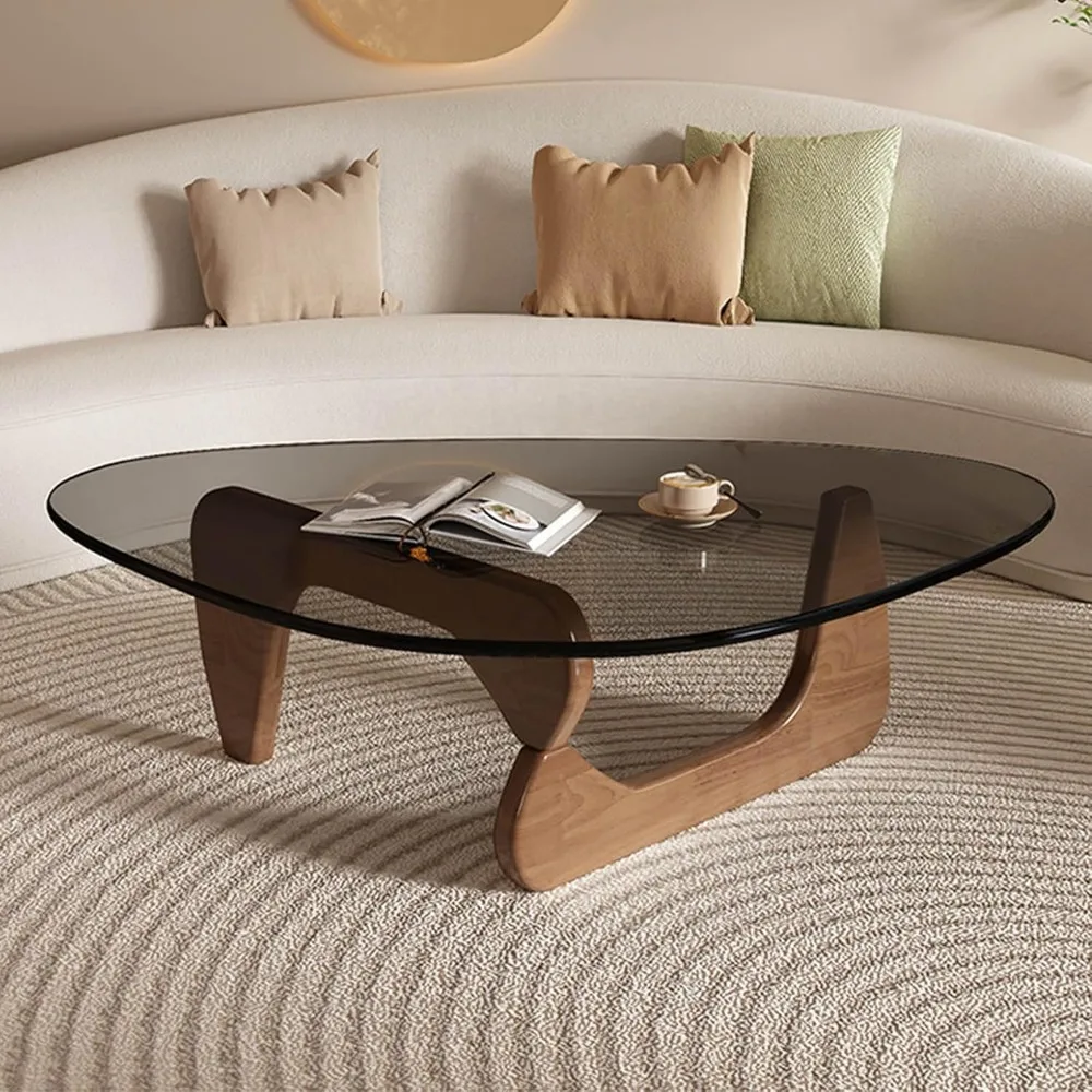 Living Room Coffee Table - Triangular Glass Coffee Table with Wooden Base, Mid-Century Modern Style for Study, Office, Hotel Bal