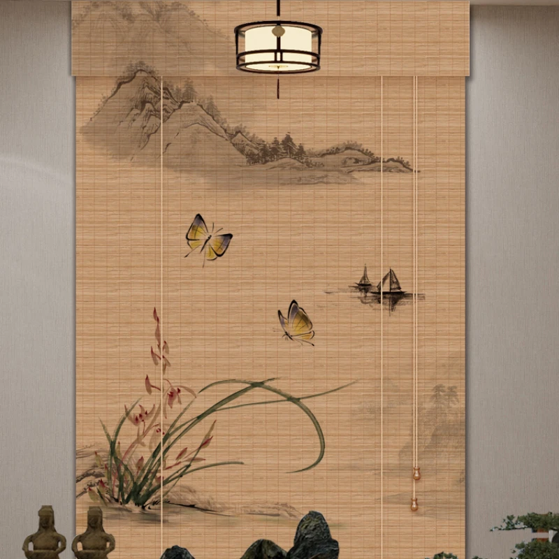 

Бамбуковая занавеска в китайском стиле, 1 шт., занавеска для чайной комнаты с принтом, занавеска для рисования, декорация для фона, затенение, занавеска
