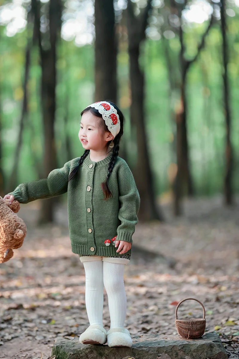 Girl Sweater Nordic Style New 2023 Autumn and Winter Girl Baby Small Mushroom Flower Knitted Cardigan Sweater