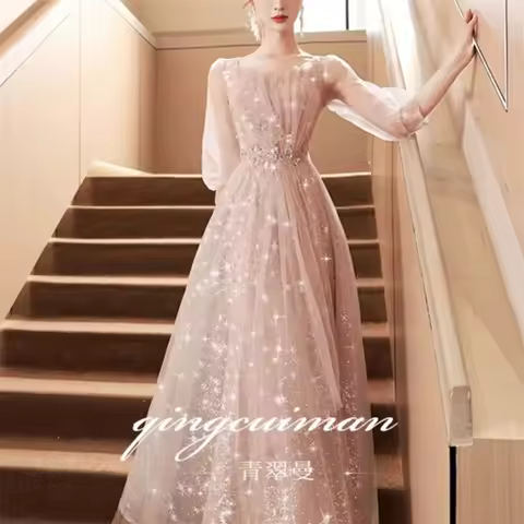 Pink Evening Dress Women's 2025 New Style, Light Luxury, Niche High-end, Art Exam, Birthday Host Dress, Performance A-line Skirt