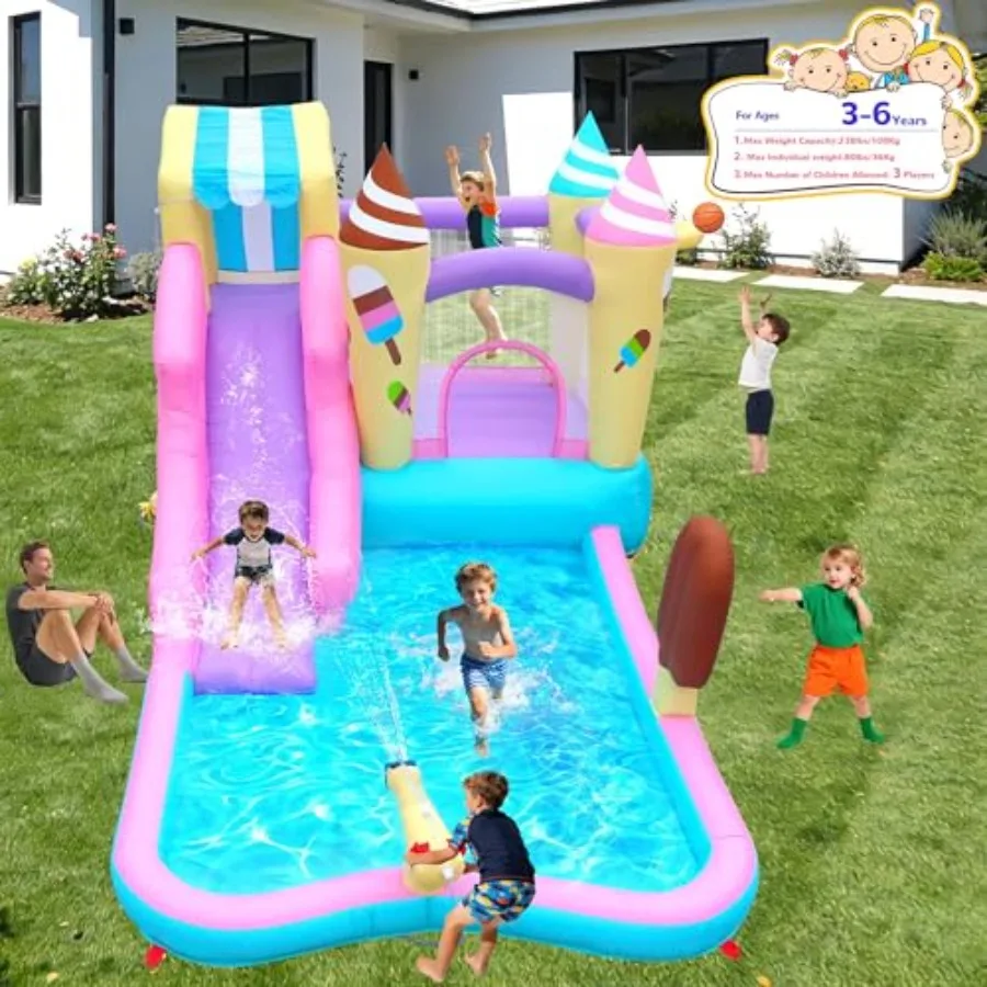 Inflatable Water Slide Bounce House for outdoor play, PVC material, pink and blue color, 8-in-1 water park with water cannon, c