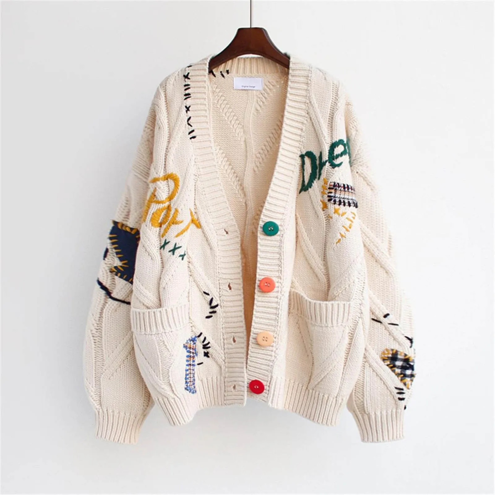 

2023 Autumn Winter Women's Sweater Coat Warm Knitted Sweater Jacket Loose Pocket Embroidery Fashion Knit Cardigan Jacket Ladies
