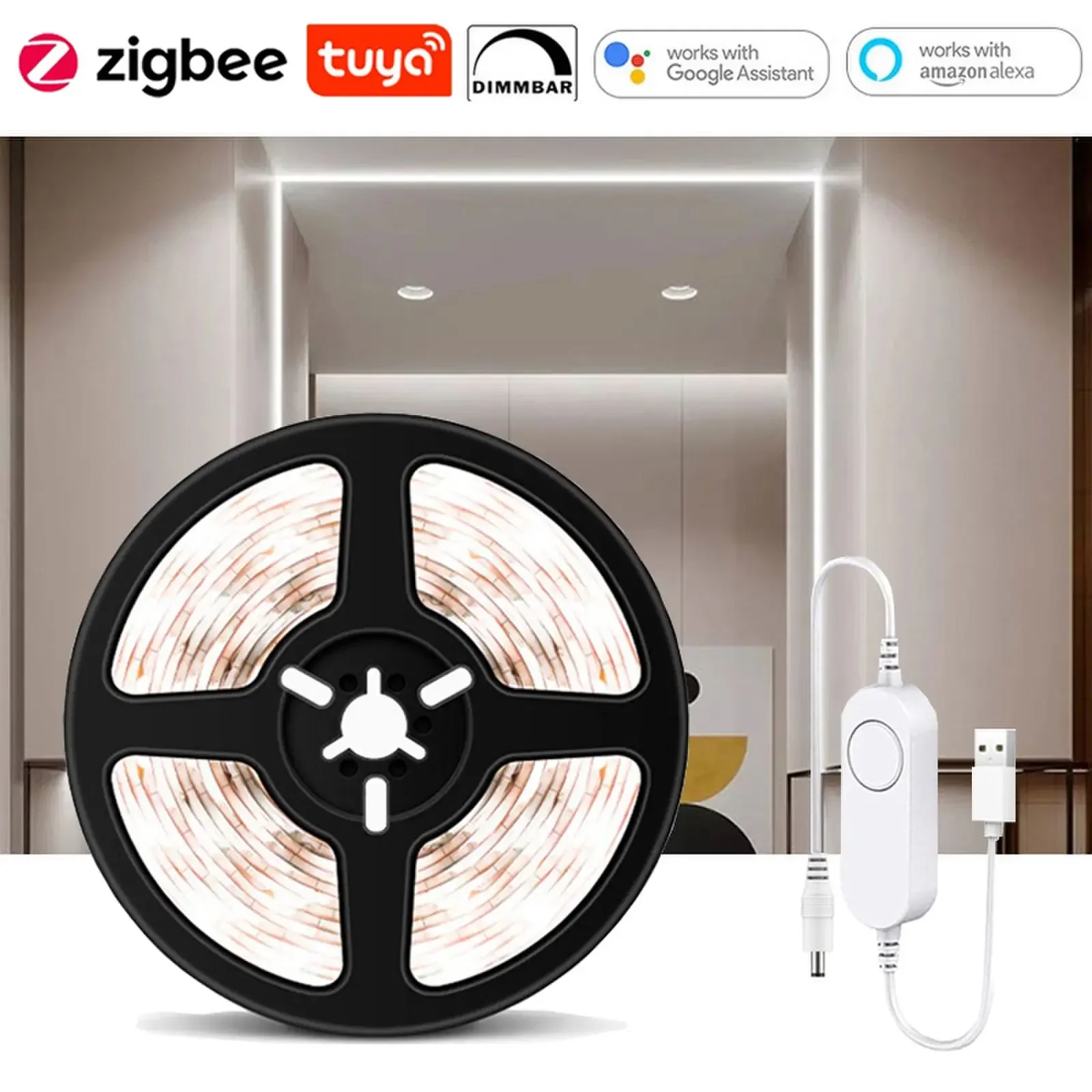 Zigbee 3.0 Tuya USB DC5V LED Strip Light Indoor Single Color Dimmer 2835 60LED/M TV/PC Background Lighting Home Decor for Alexa