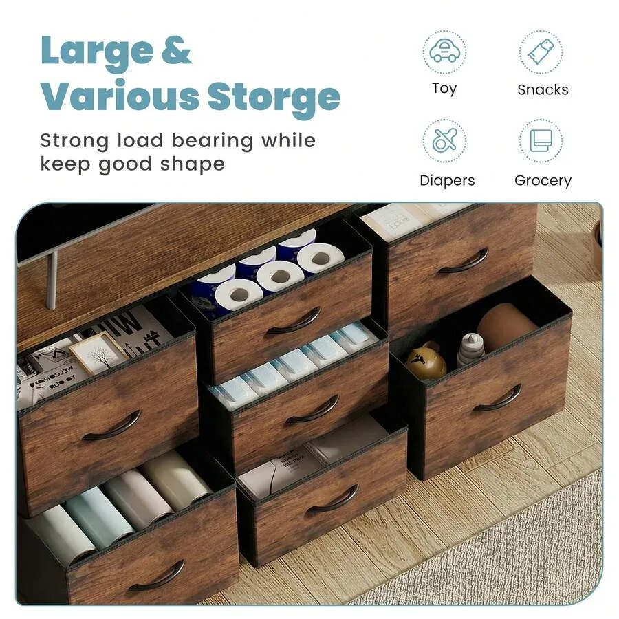 Sweetcrispy 7 Drawer Fabric Dresser, Clothes Organizer Storage Tower For Bedroom Chest Of Drawers With Wooden Top, Metal Frame