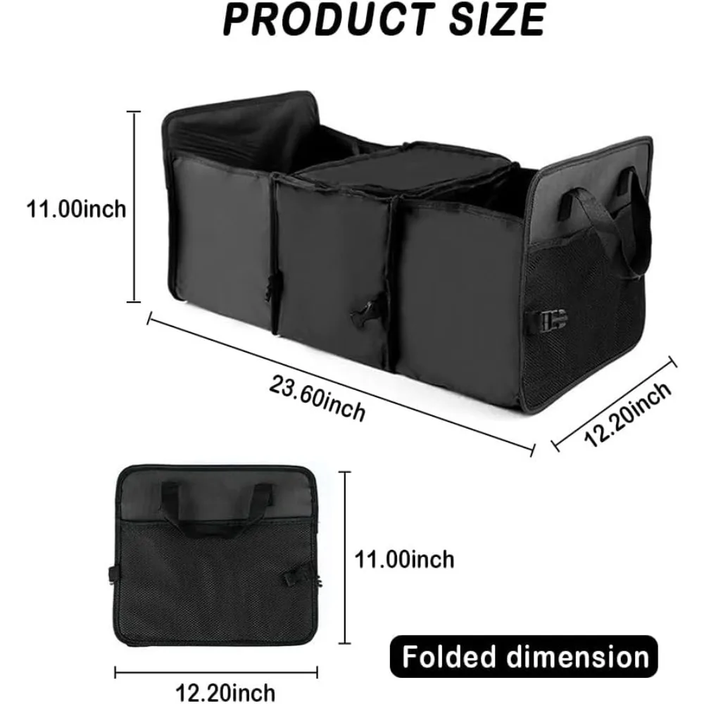 منظم صندوق السيارة القابل للطي للسيارة، منظم صندوق السيارة العازل، 3 مقصورات مع إبزيم ومقابض قابلة للطي، محمول ج