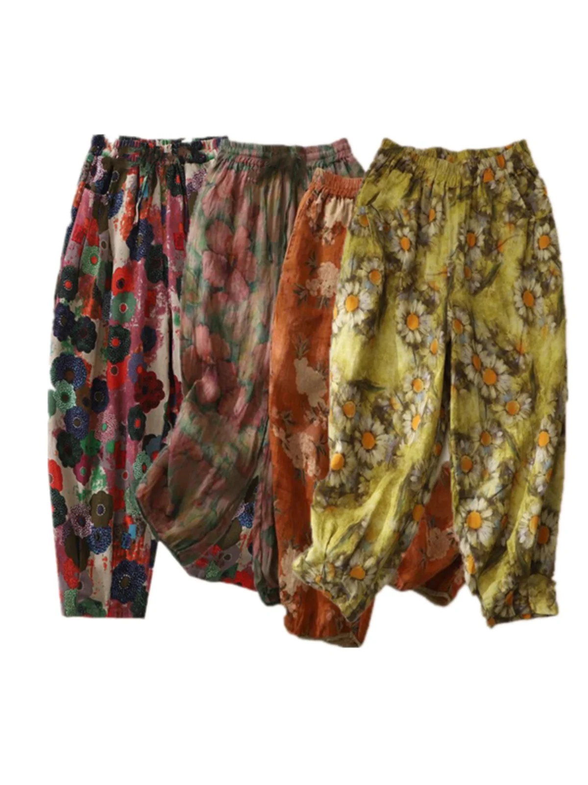 하이웨이스트 코튼 린넨 혼방 여름 캐주얼 팬츠 여성 프린트 나인 포인트 루즈핏 바지 얇은 캐주얼 팬츠 엄마용