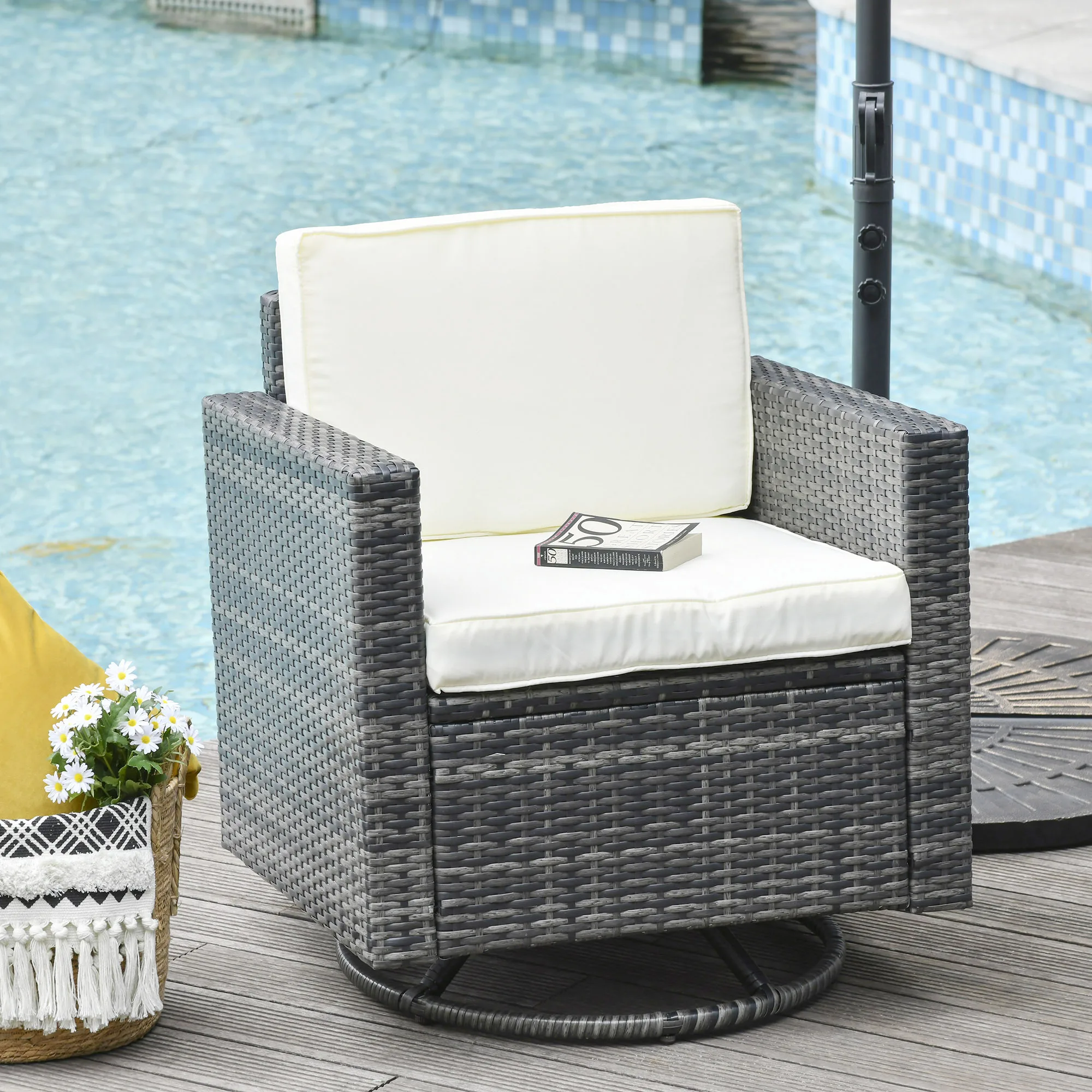 Outdoor Swivel Rocker, PE Wicker Dining Chair, 360 Degree Swivel Patio Glider with Cushions for Backyard, Lawn, Garden, Deck