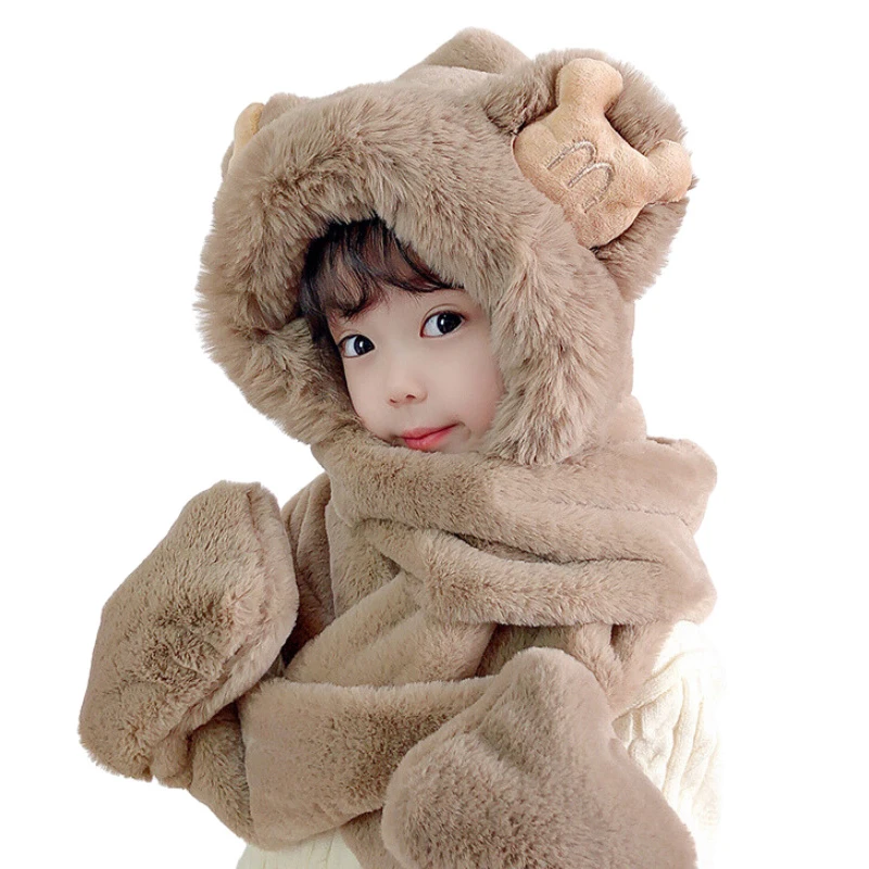 قبعات أطفال سميكة بغطاء رأس وشاح وقفازات ، قبعة ناعمة 3 في 1 ، وشاح طويل ، شال ، جيب ملفوف ، قفازات ، دافئة ، شتوية