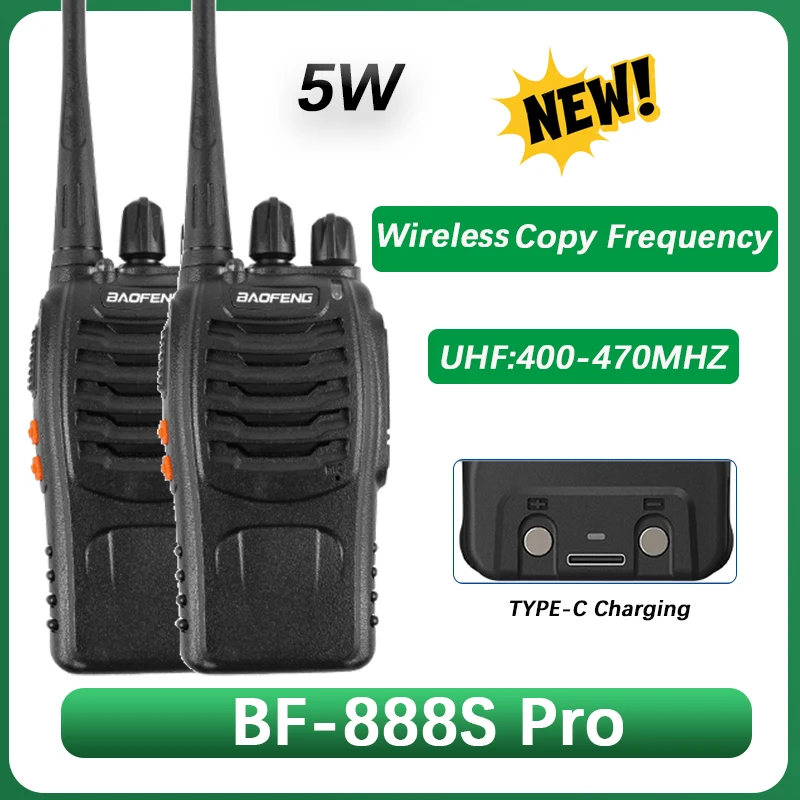 Baofeng BF-888S 프로 워키토키 타입 USB-C 충전 무선 주파수 복사, 양방향 CB 햄 라디오, 5W UHF 400-470MHz, 16 채널 