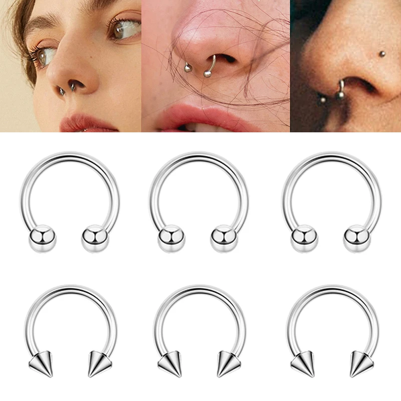 1PCS 16G Surgical Steel Nose Septum Horseshoe Hoop Earring Eyebrow Tragus Lip Piercing Ring Balls Spikes 6-12mm