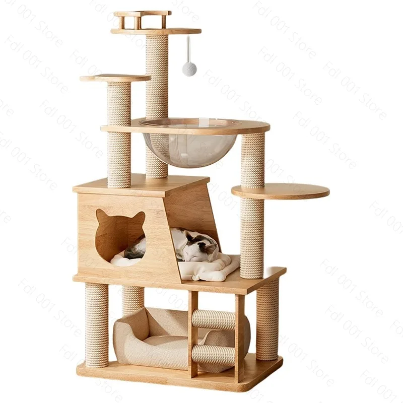 Large Solid Wood Cat Climbing Frame, Multi-Level Scratching Board with Space Capsule
