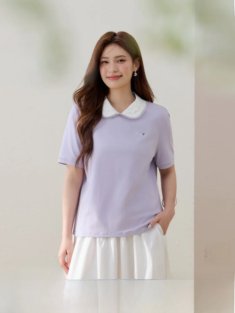 

Stylish Versatile T-Shirt Sweet Lace Collar Top for plus Size Women Summer New Arrival Korean Style Slim Fit Cotton Blend