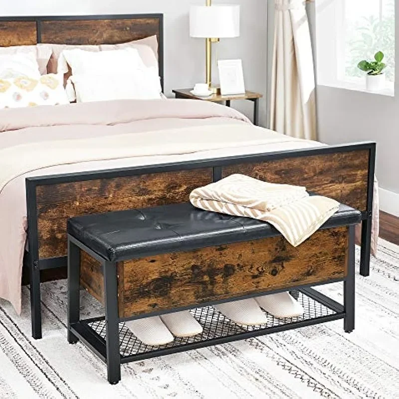 Industrial Storage Bench, Bed End Stool with Padded Seat and Metal Shelf, Sturdy Steel Frame