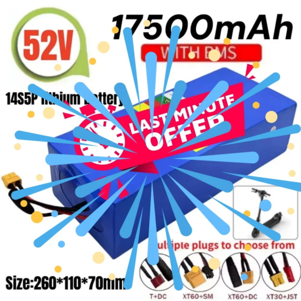

52V 17500mAh High-Power Lithium Battery for Electric Scooters Mountain Bikes 14S5P 18650 with BMS