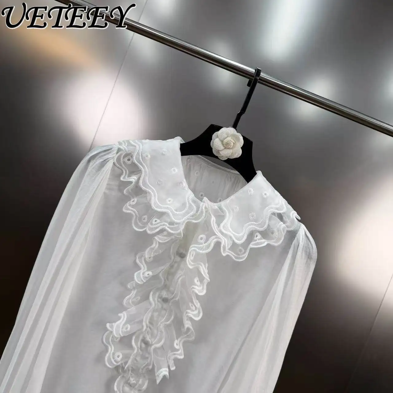 2026 Pantaloni a gamba larga a vita alta stile minimalista primaverile e camicia con colletto in pizzo ricamato bianco Set da due pezzi per pendolari francesi