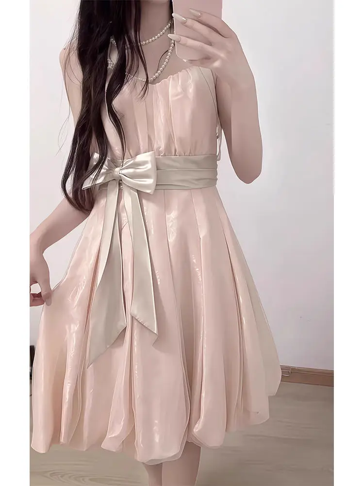 

2025 Элегантное кружевное платье принцессы с бретелькой на шее, кавайный наряд в стиле Лолиты, праздничный наряд, новое летнее винтажное мини-платье с бантом Y2K для женщин