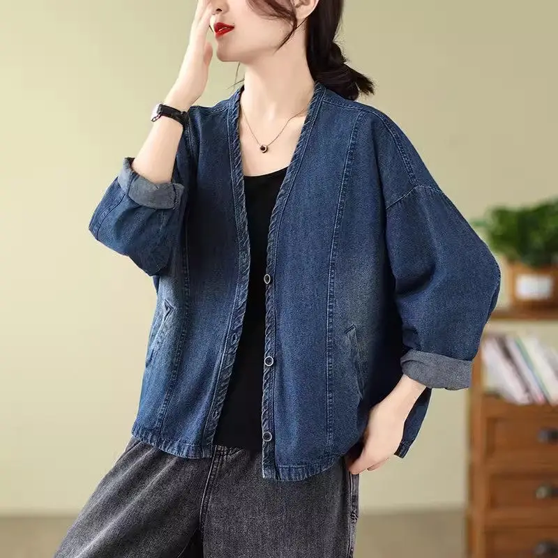 Spring and Autumn Long Sleeve Retro Denim Coat Women's Casual Loose Korean Edition Fashion Trendy Top Jeans Jaqueta K1747