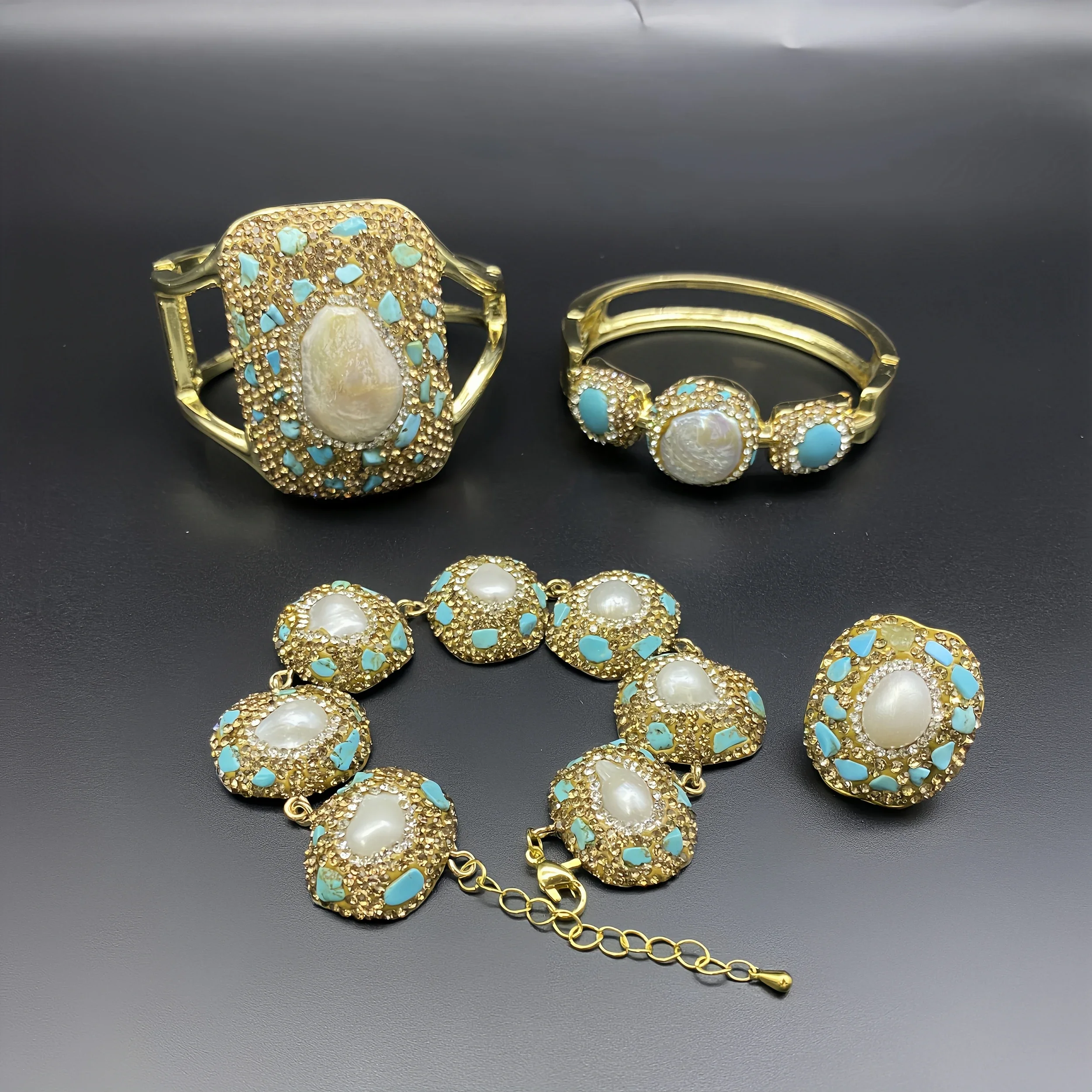 

Natural Freshwater Pearl Jewelry With Rhinestone Turquoise Crystal for Women Quartz Strand Neckalce Earring Bracelet Sets