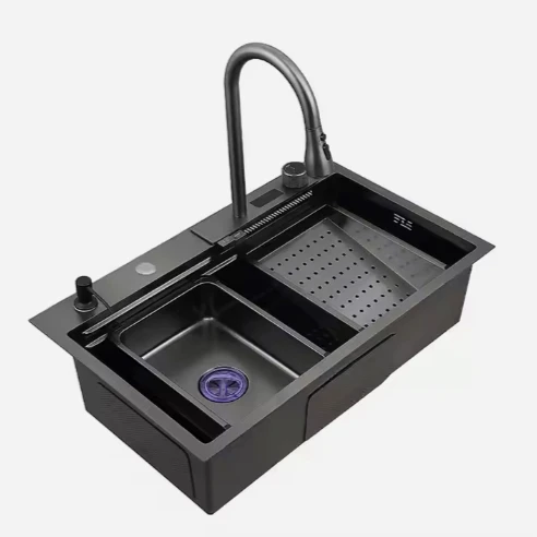 Sink,Tiktok Hot Sale Multi Function Sink Large Single Slot Scratch Resistant LED Digital Display Waterfall Smart Sink With Cup W