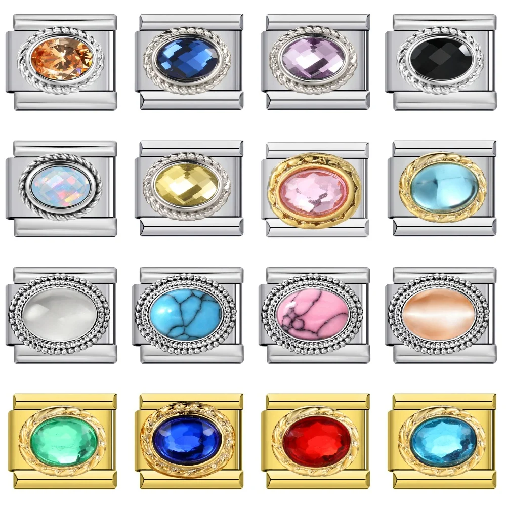 Fashion Colorful 12 Birthstone Oval Shaped Italian Charm fit 9mm Stainless Steel Bracelets Xmas Birthday Jewelry for Women Men