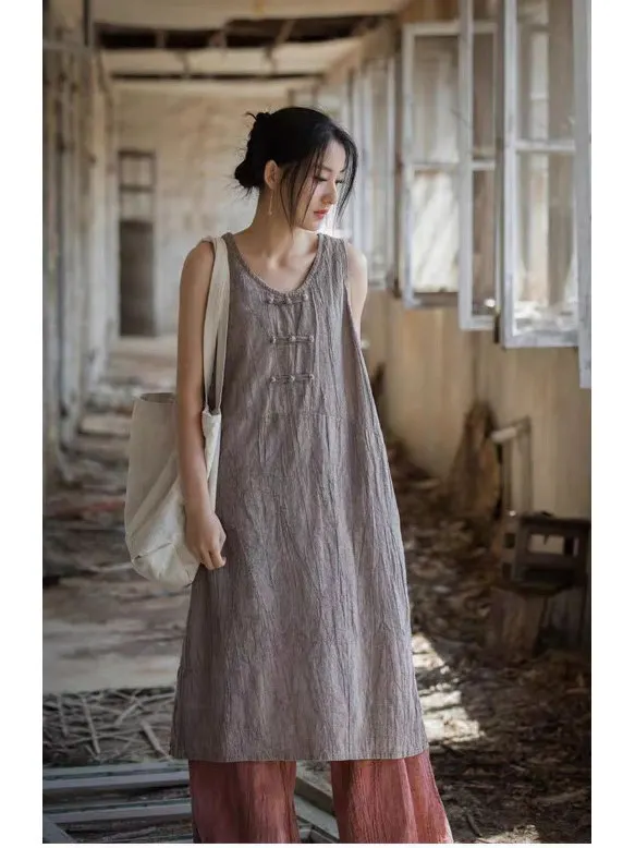   Nuevo Chino Sle Midi Dr bordado azul Tie Dye chaleco falda suelta ajuste redondo Neline No Sve Retro viaje