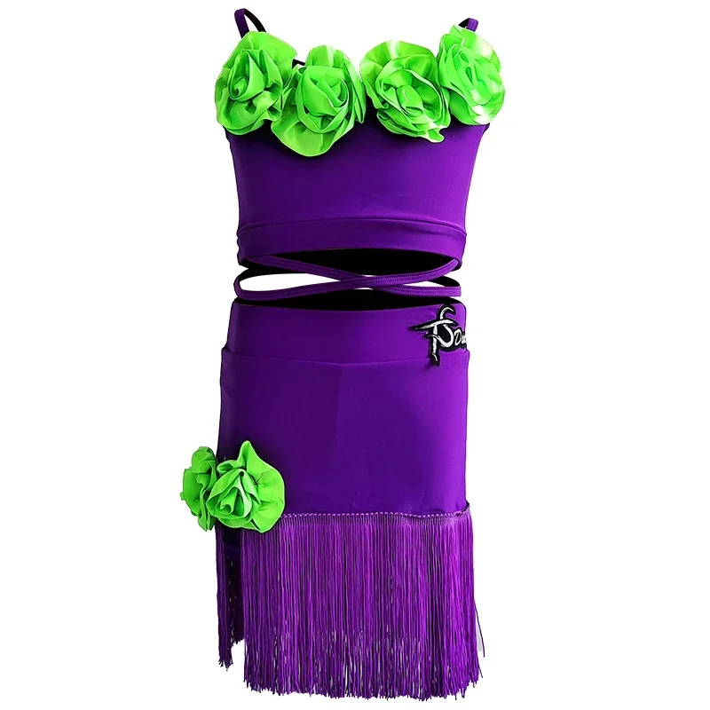 Tanz Performance Kostüm Praxis Tragen Mode Latin Dance Kleidung Lila Latin Dance Top Quasten Röcke Mädchen Latin